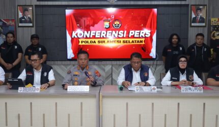 Konferensi pers Polda Sulsel terkait pengungkapan kasus kriminal, narkotika, dan perlindungan anak, Senin (29/6/2026).