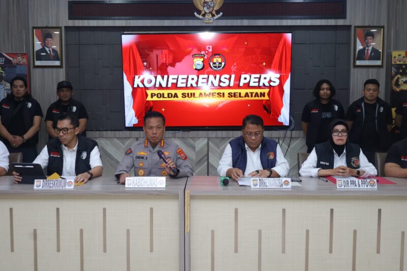 Konferensi pers Polda Sulsel terkait pengungkapan kasus kriminal, narkotika, dan perlindungan anak, Senin (29/6/2026).